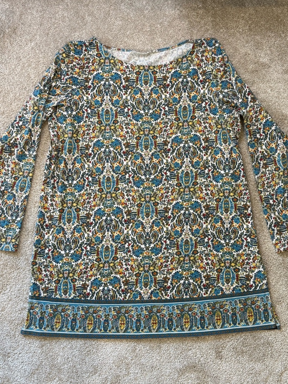 Boho Paisley Tunic Top Long Sleeve Soft Stretch Cotton Modal Slit Hem Size M/L